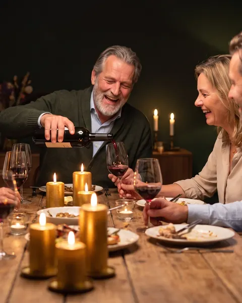 Joost schenkt wijn aan een diner met vrienden