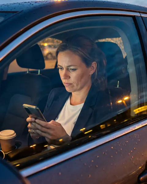 Marloes in haar auto, met haar telefoon in de hand