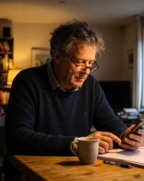 Ruud aan de keukentafel met zijn telefoon en een kop koffie