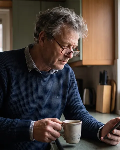 Ruud staat 's ochtends met koffie bij het keukenraam en kijkt op zijn telefoon